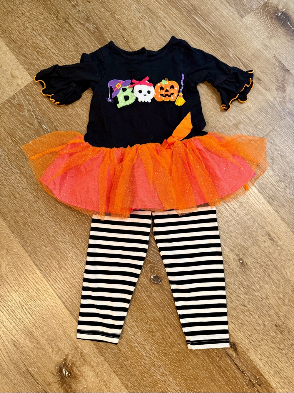 Good Lad Black Top & Orange Tulle Halloween Tutu Set with Striped Leggings